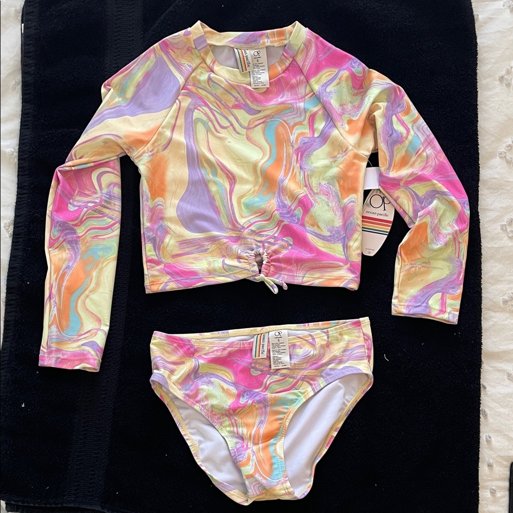 OP Kids Swim Rashguard Set - Pink, Orange, Yellow Swirl nwt